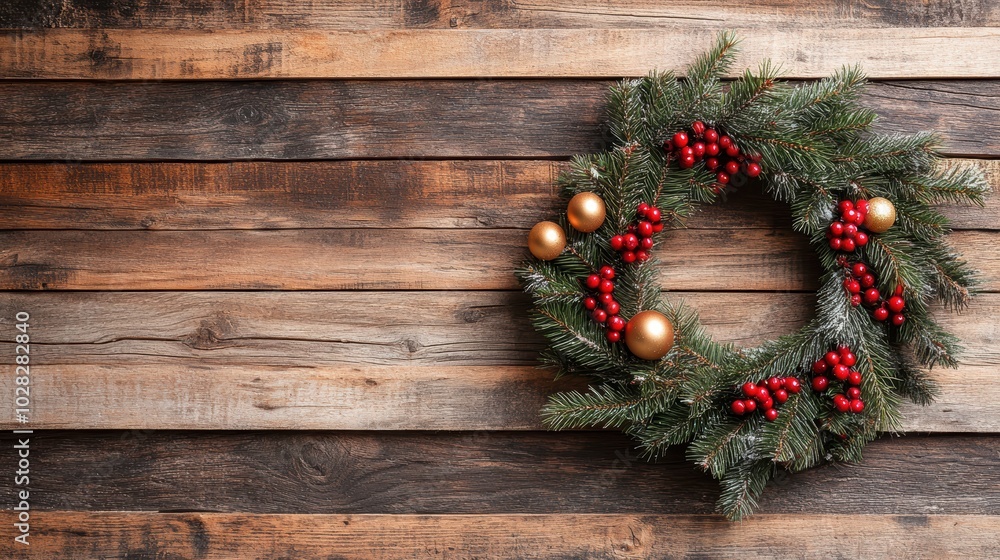 A festive Christmas wreath adorned with red berries, pine branches, and gold ornaments hangs on a rustic wooden wall, creating a cozy holiday atmosphere. A festive Christmas wreath adorned with red berries, pine branches, and gold ornaments hangs on a rustic wooden wall, creating a cozy holiday atmosphere.