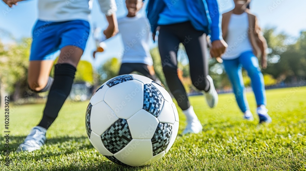 A photostock image of a group of friends playing a game of soccer in the park , A photostock image of a group of friends playing a game of soccer in the park ,