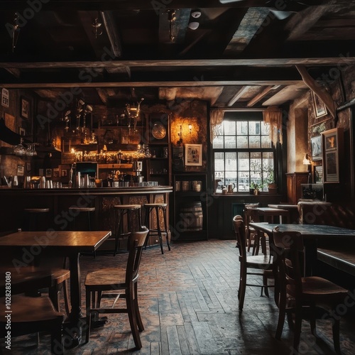 Pub interior, wooden tables, cozy lighting, vintage decor, intimate vibe --v 6.1 Job ID: 89689313-61db-48d2-9493-9e98f157fafe