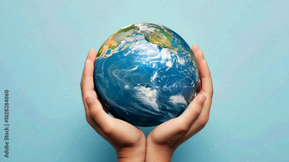 Arms hugging the spinning Earth, demonstrating care for our planet, on a blue background Arms hugging the spinning Earth, demonstrating care for our planet, on a blue background