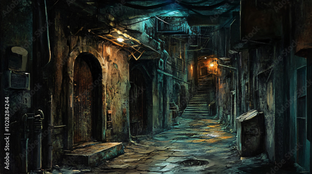 A dark alley with crumbling walls and an unsettling atmosphere. A dark alley with crumbling walls and an unsettling atmosphere.