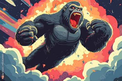 A fierce gorilla roaring amidst an explosive cosmic backdrop, showcasing power and energy. photo