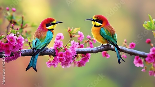 Two Colorful Birds Perched on a Branch with Pink Blossoms