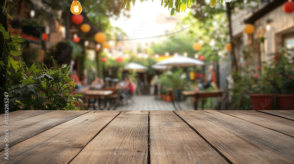 Blurred outdoor garden background with wooden table in the foreground Blurred outdoor garden background with wooden table in the foreground