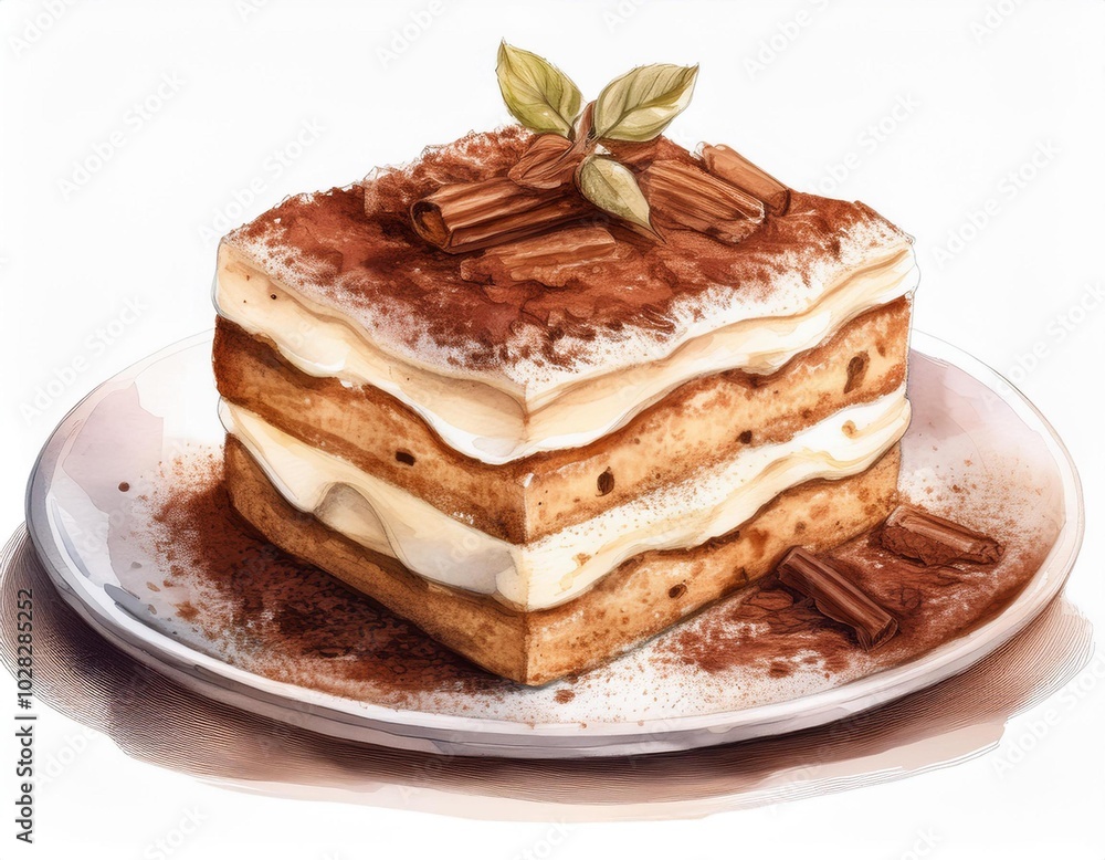 Delicious tiramisu dessert on a white plate with cocoa and cinnamon. Delicious tiramisu dessert on a white plate with cocoa and cinnamon.