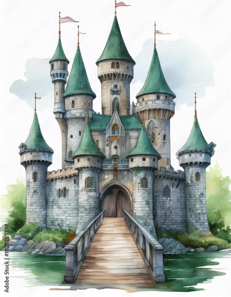 Elegant castle with tall spires, surrounded by lush greenery and a tranquil bridge. Elegant castle with tall spires, surrounded by lush greenery and a tranquil bridge.