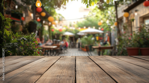 Blurred outdoor garden background with wooden table in the foreground