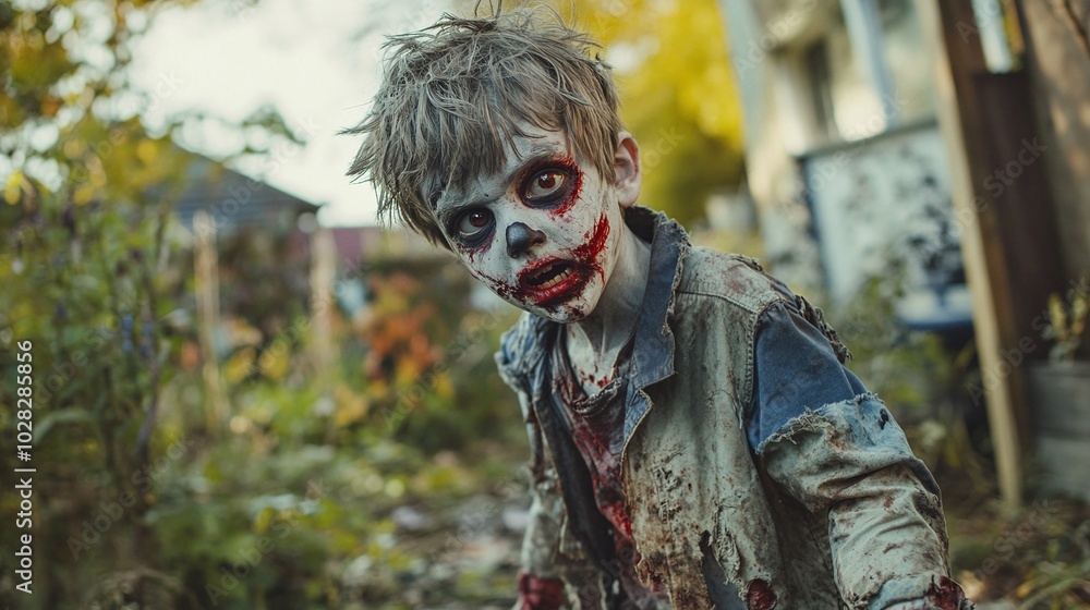 A boy in a zombie costume, with face paint and torn clothes, playfully pretending to shuffle in a garden A boy in a zombie costume, with face paint and torn clothes, playfully pretending to shuffle in a garden