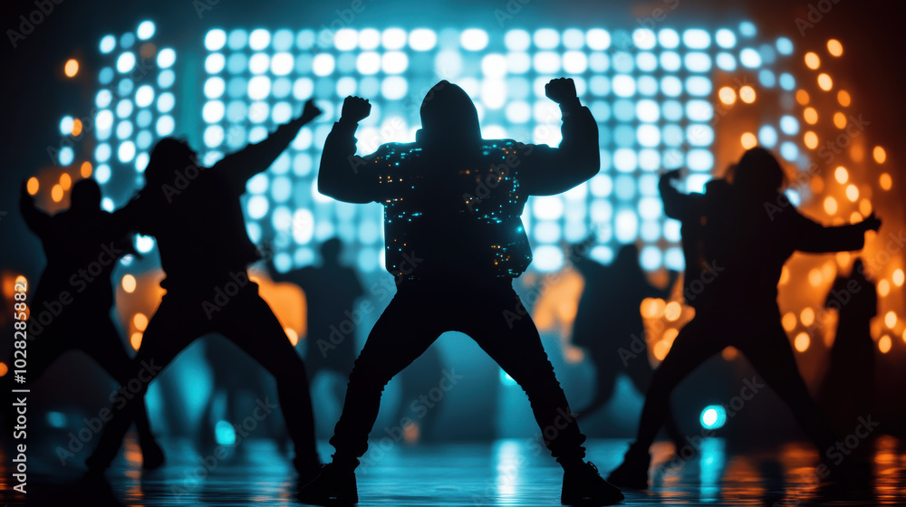Dancers silhouetted against vibrant lights create energetic atmosphere Dancers silhouetted against vibrant lights create energetic atmosphere
