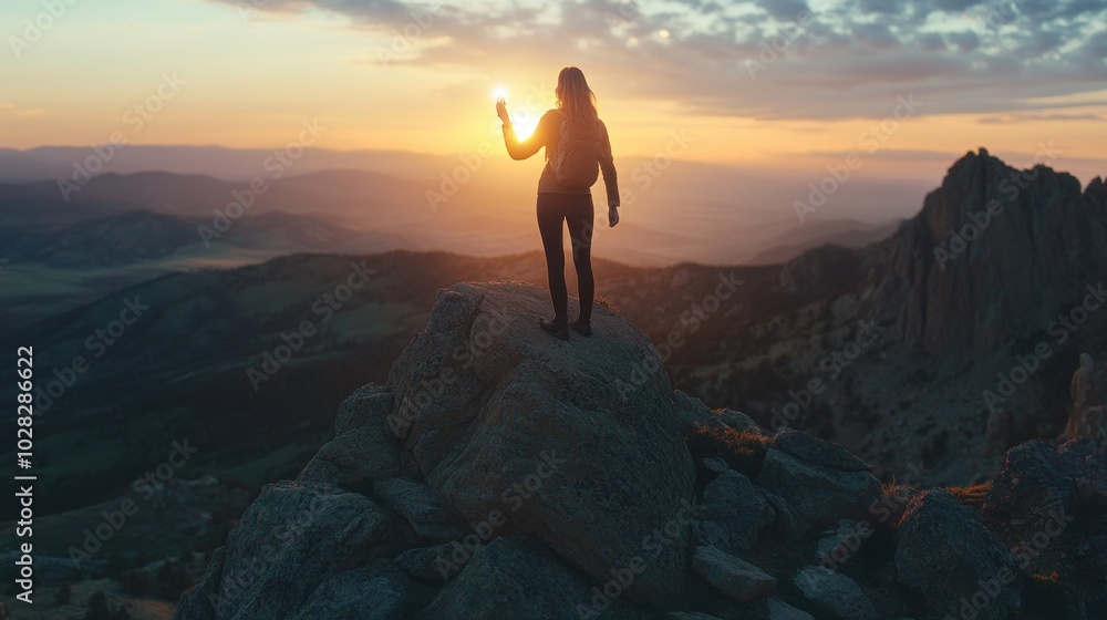 Fototapeta premium A person stands on a rocky peak at sunset, holding a light, symbolizing adventure and exploration.