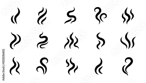 Smoke steam icon vector logo set. Smoke smell, steam aroma heat icon illustration. Hot vapor fire doodle line logo. Hit stink, coffee, fragrance flame elements. Vector illustration.