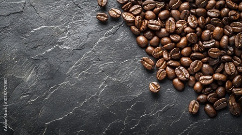 Coffee beans on grey slate background Top view Copy space : Generative AI photo