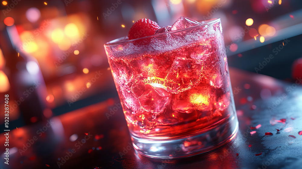 vibrant cocktail with ice and raspberry, perfect for celebrations vibrant cocktail with ice and raspberry, perfect for celebrations