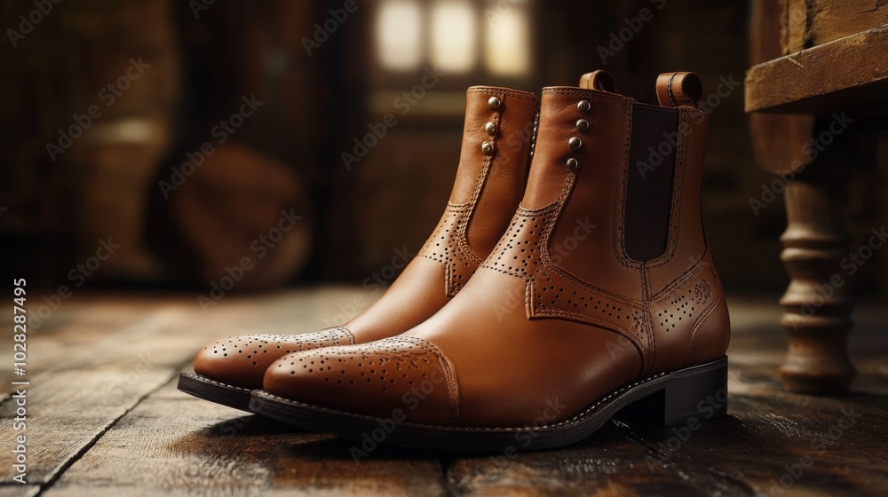 A pair of brown leather ankle boots with decorative stitching and metal accents on a wooden floor. A pair of brown leather ankle boots with decorative stitching and metal accents on a wooden floor.
