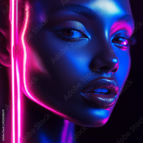 Close-up of a woman’s face illuminated by vibrant blue and pink neon lights, creating a bold contrast and futuristic vibe. The neon colors reflect off her smooth skin