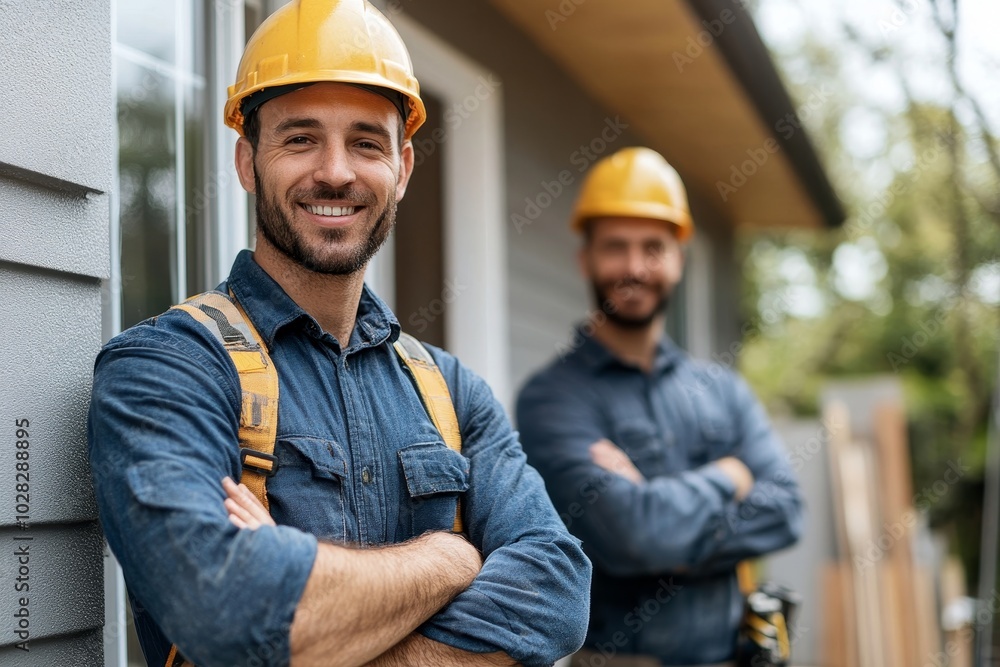 Two Male Electrician In Front Of House, Generative AI Two Male Electrician In Front Of House, Generative AI