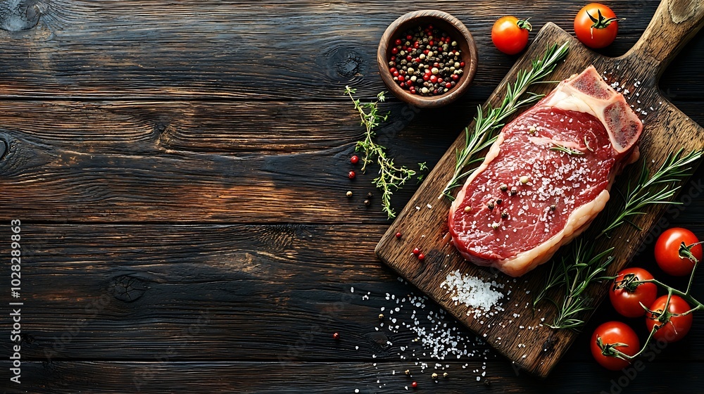 Raw fresh meat Steak with salt and pepper rosemary and tomatoes on cutting board on dark wooden background Copy space Top view : Generative AI Raw fresh meat Steak with salt and pepper rosemary and tomatoes on cutting board on dark wooden background Copy space Top view : Generative AI