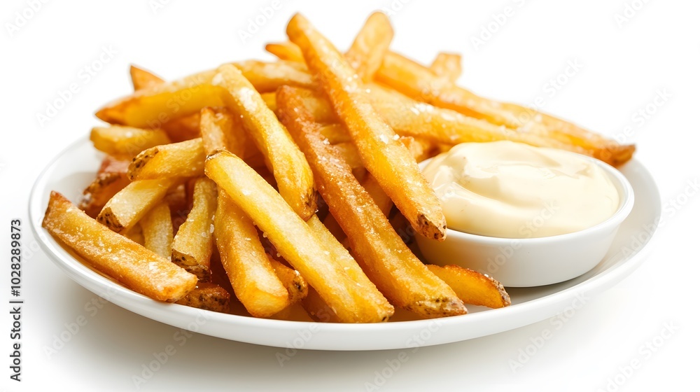 French fries potatoes with mayonnaise on a dish isolated on white background. 