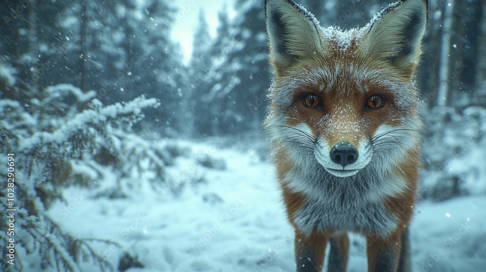 Fototapeta premium Close-up of a fox standing in a snow-covered forest, soft wintery background with room for copy space.