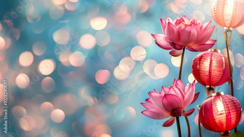 Bright red lanterns illuminating soft pink lotus flowers on a calming blue background, with festive New Year text.
