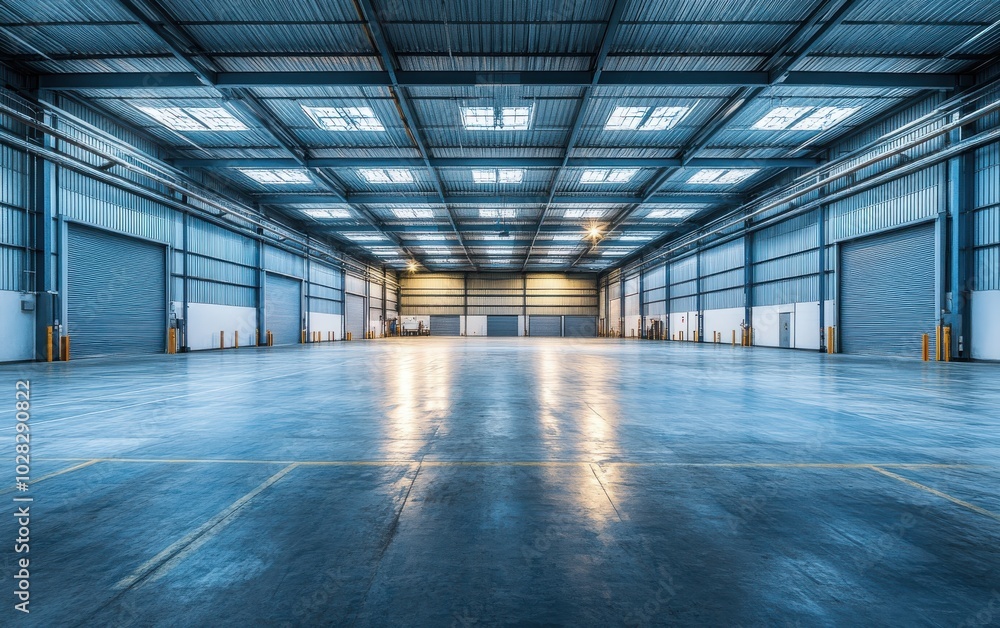 A spacious, empty warehouse with prominent loading dock doors and open floor space, ideal for highlighting industrial or business operations A spacious, empty warehouse with prominent loading dock doors and open floor space, ideal for highlighting industrial or business operations