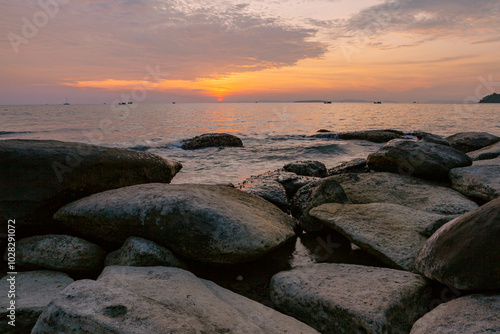 Beautiful sunset in Sihanoukville beach, Cambodia, southeast Asia.