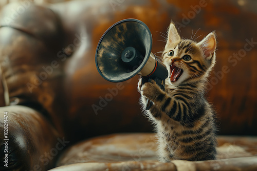 A playful kitten holds a megaphone, looking excited and ready to make some noise.