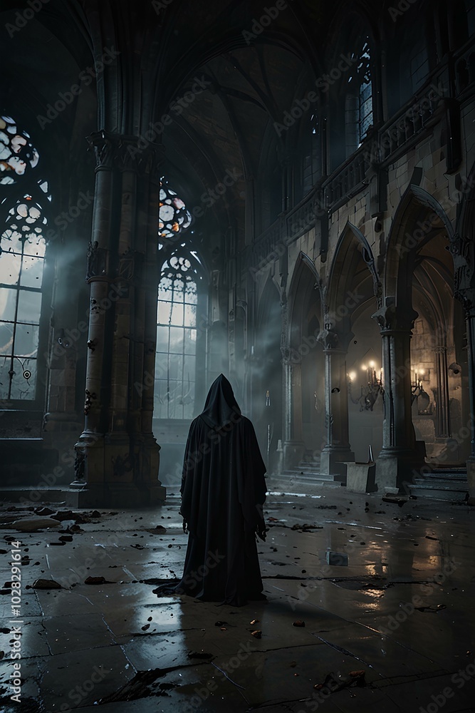 Gothic Cathedral Ruins: Grim Reaper Amidst Thick Fog and Cracked Stone Floors Gothic Cathedral Ruins: Grim Reaper Amidst Thick Fog and Cracked Stone Floors