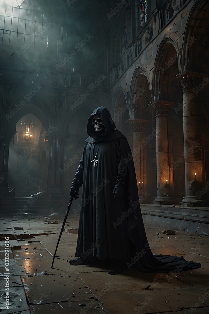 Gothic Cathedral Ruins: Grim Reaper Amidst Thick Fog and Cracked Stone Floors Gothic Cathedral Ruins: Grim Reaper Amidst Thick Fog and Cracked Stone Floors