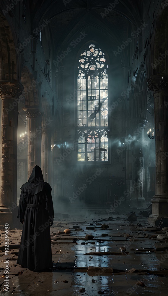 Gothic Cathedral Ruins: Grim Reaper Amidst Thick Fog and Cracked Stone Floors Gothic Cathedral Ruins: Grim Reaper Amidst Thick Fog and Cracked Stone Floors