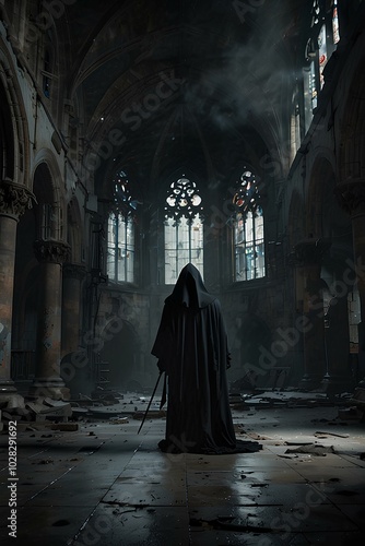 Gothic Cathedral Ruins: Grim Reaper Amidst Thick Fog and Cracked Stone Floors