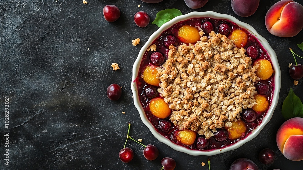 Fototapeta premium Cherry and peach crumble in a baking dish Top view Copy space : Generative AI