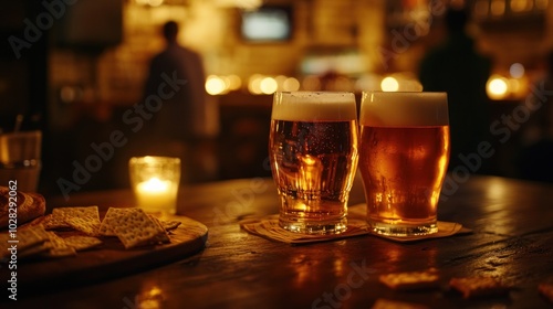 Two glasses of beer on a wooden table with snacks, in a cozy bar setting.