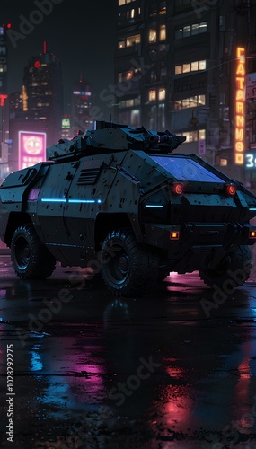 Stealth Tank Blending into a Neon-Lit Cyberpunk City in a Futuristic Urban Setting photo