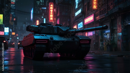 Stealth Tank Blending into a Neon-Lit Cyberpunk City in a Futuristic Urban Setting photo