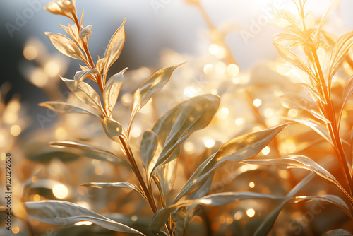 Close-up shot of sacred herbs, photorealistic detail, dew-kissed leaves, golden sunlight filtering through, highlighting their texture and spiritual symbolism, digital 3D render photo