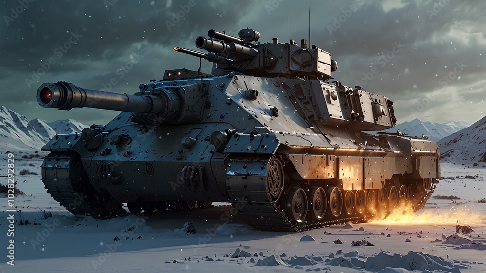 High-Tech Tank with Plasma Cannon on a Snow-Covered Battlefield in Winter Warfare High-Tech Tank with Plasma Cannon on a Snow-Covered Battlefield in Winter Warfare