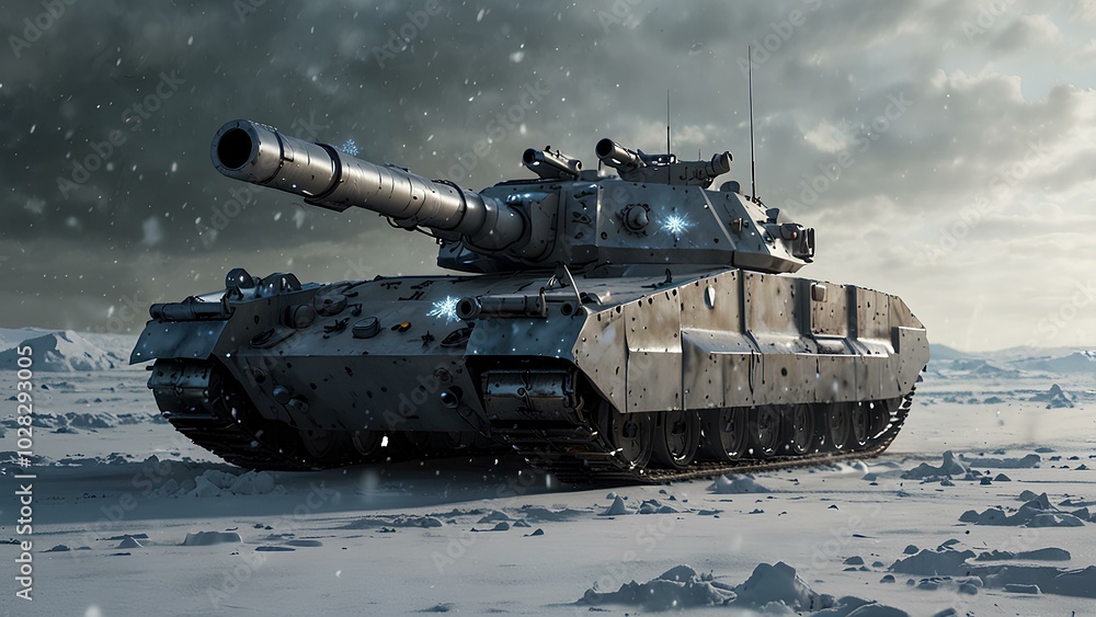 High-Tech Tank with Plasma Cannon on a Snow-Covered Battlefield in Winter Warfare High-Tech Tank with Plasma Cannon on a Snow-Covered Battlefield in Winter Warfare