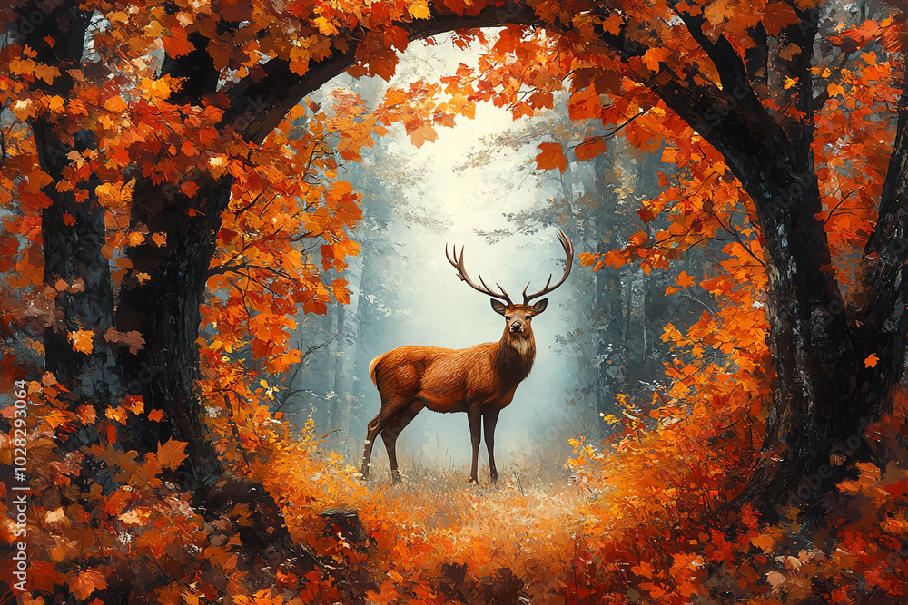 Craft a serene forest scene with a deer viewed from behind, encircled ...