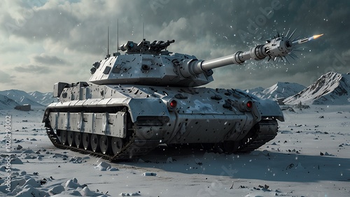 High-Tech Tank with Plasma Cannon on a Snow-Covered Battlefield in Winter Warfare photo