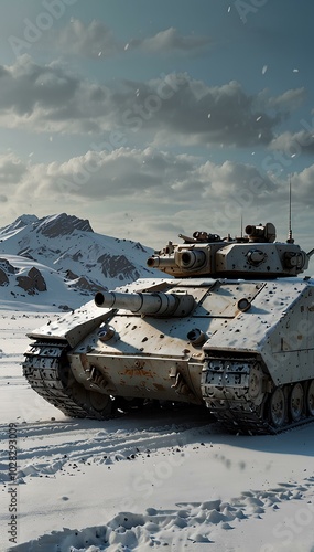 High-Tech Tank with Plasma Cannon on a Snow-Covered Battlefield in Winter Warfare photo