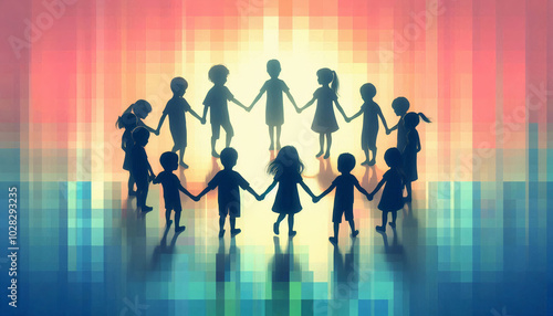 Silhouettes of children holding hands in a circle, symbolizing unity, friendship, and global harmony