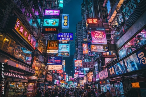A bustling street in a city at night with neon signs illuminating the buildings and the crowd of people below.