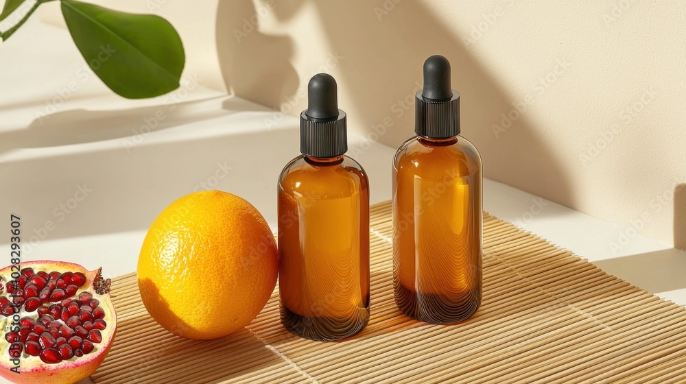 Two amber glass dropper bottles with black tops stand on woven bamboo mat. An orange and half pomegranate beside them hint at natural ingredients Two amber glass dropper bottles with black tops stand on woven bamboo mat. An orange and half pomegranate beside them hint at natural ingredients