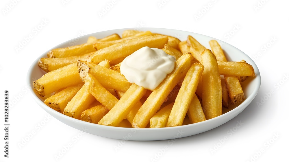 French fries potatoes with mayonnaise on a dish isolated on white background. French fries potatoes with mayonnaise on a dish isolated on white background.