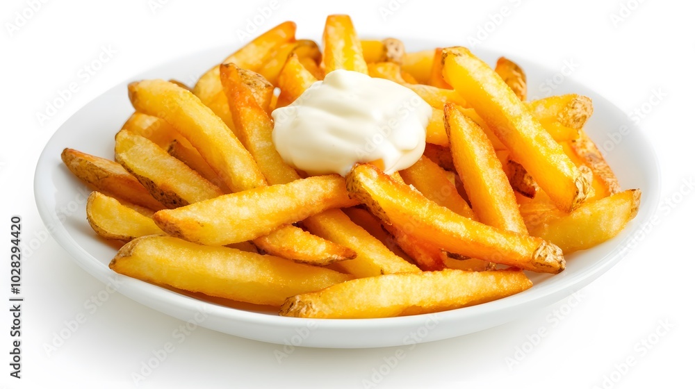 French fries potatoes with mayonnaise on a dish isolated on white background. French fries potatoes with mayonnaise on a dish isolated on white background.