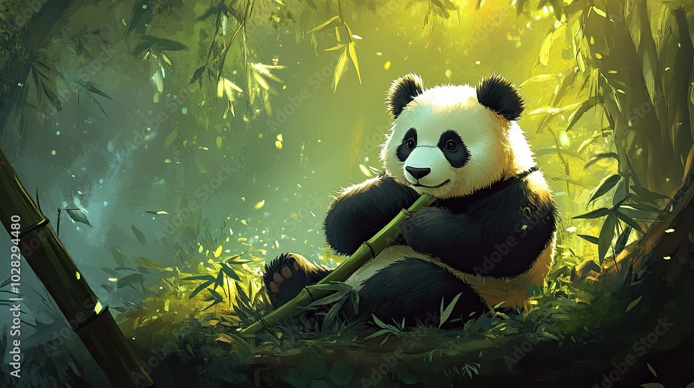 A giant panda munching on bamboo in a serene forest. A giant panda munching on bamboo in a serene forest.