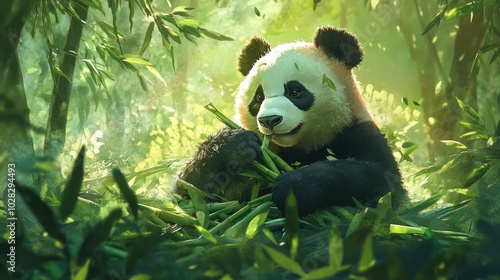 A giant panda munching on bamboo in a serene forest.