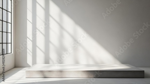 Concrete platform in a bright minimalist studio, sunlight streaming across the textured surface, perfect for showcasing beauty or luxury products