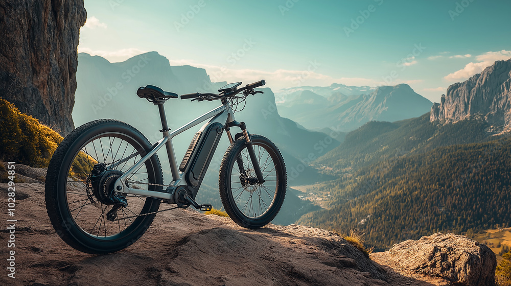 Top-down shot of an electric bike parked at the edge of a mountain cliff, showcasing a breathtaking view of the valley below Top-down shot of an electric bike parked at the edge of a mountain cliff, showcasing a breathtaking view of the valley below